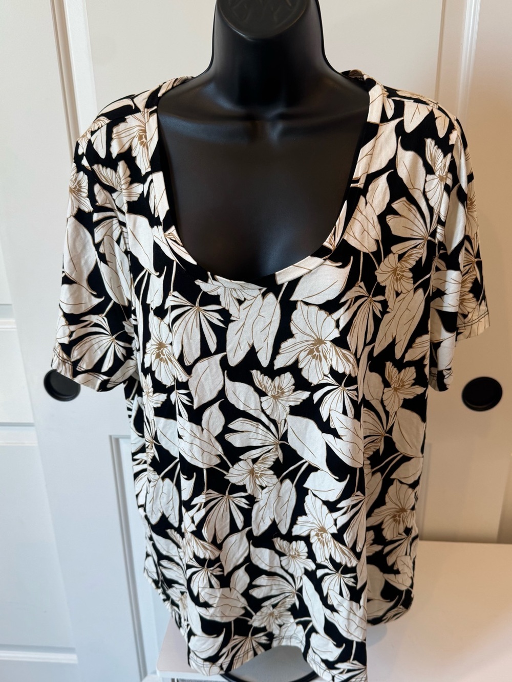 INC International Concepts Black Top with Cream Floral Print